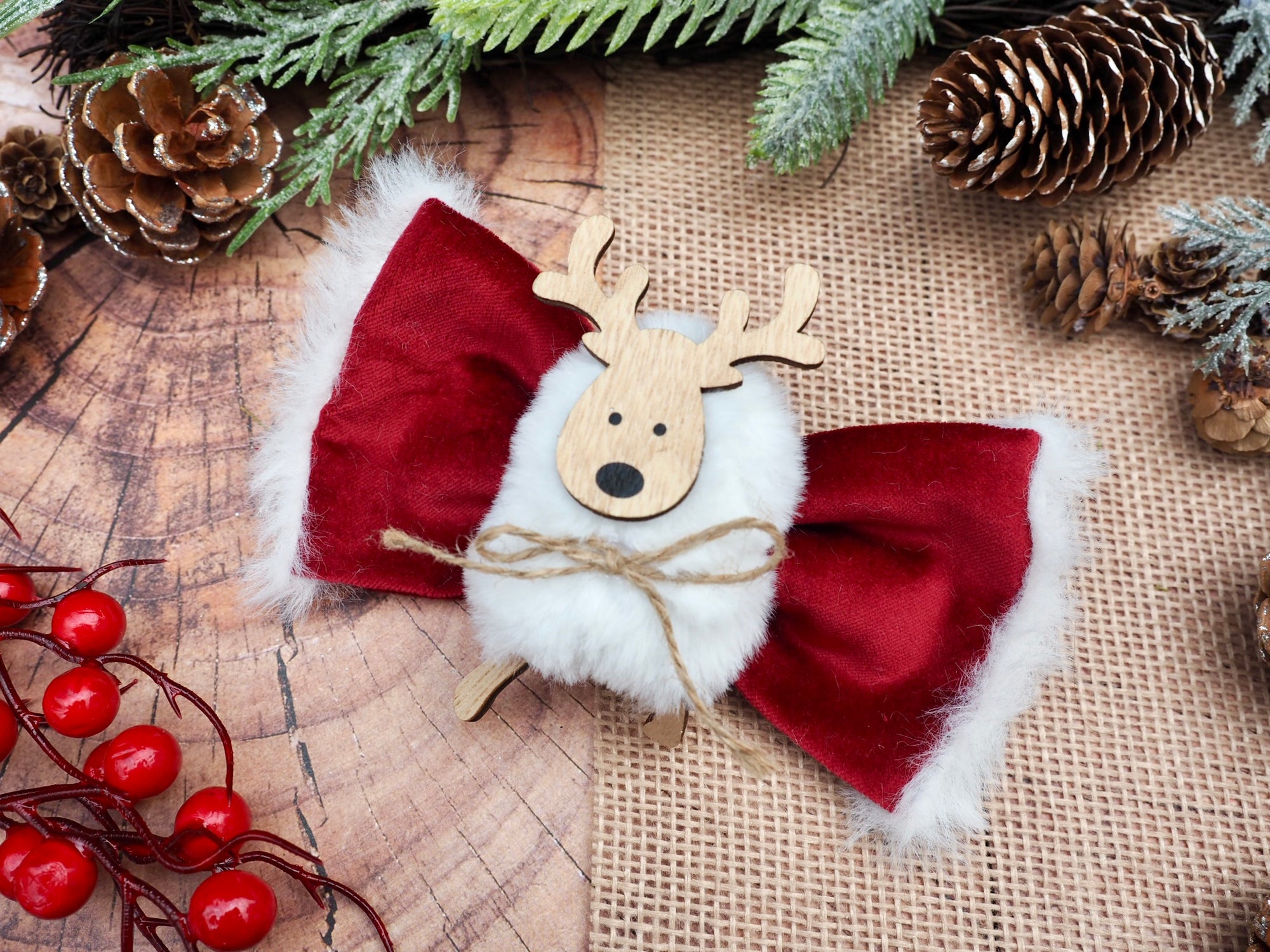 Christmas * Dog Bow * Cat Bow * Reindeer * Plush * Velvet * red * Fleece Navidad