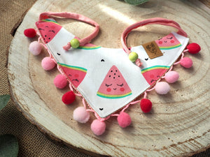 Hundehalstuch zum Binden mit rosa Bändern, Wassermelonen und Bommelborte