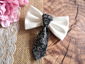 Hundeschleife Hundeaccessoires zur Hochzeit in weiß und grau mit Krawatte