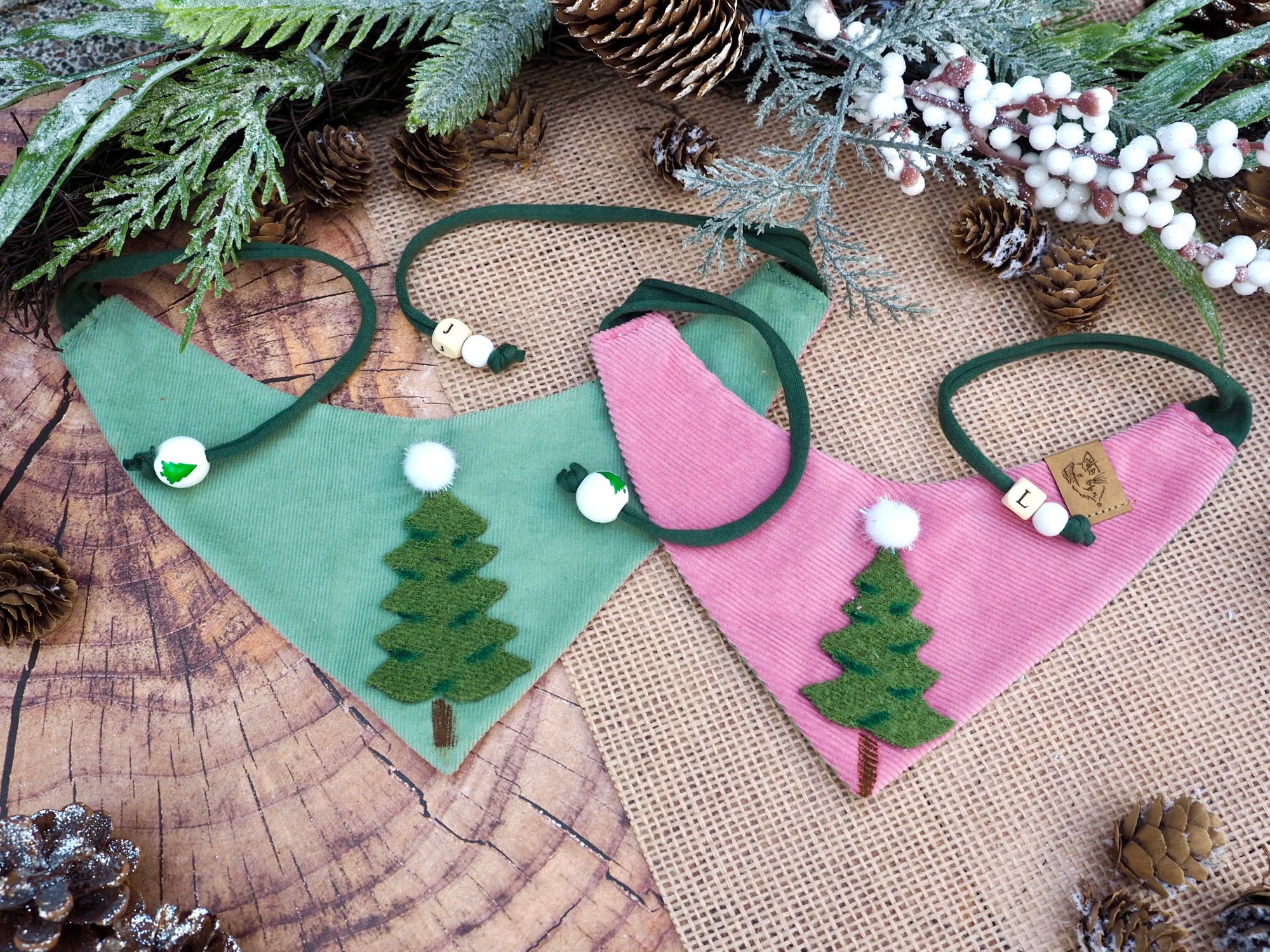 Christmas * Dog Bandana * Cat Bandana * Fir tree * Cord * rosa * green * One, Two, Tree!